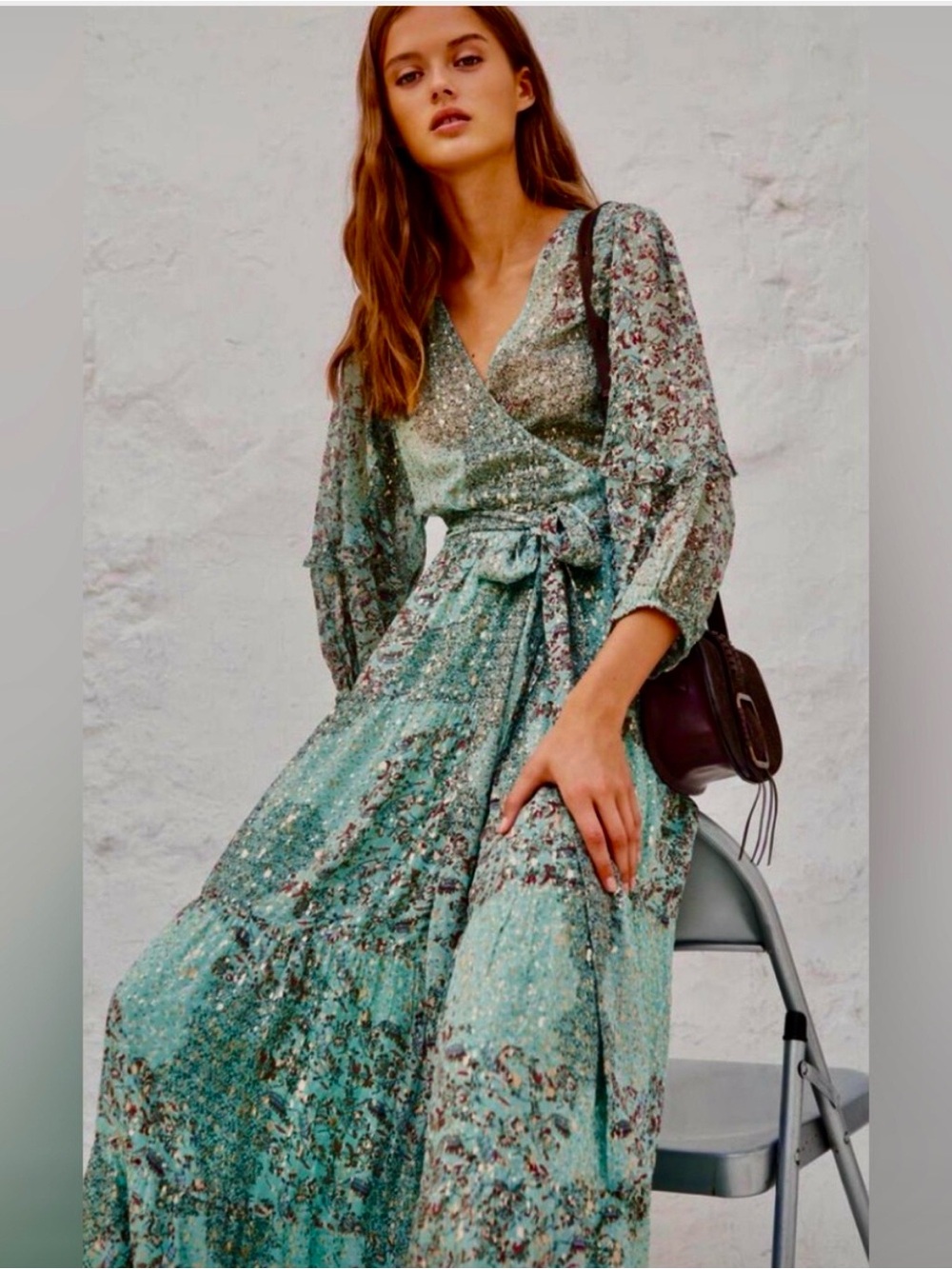 ba&sh Seafoam Green Floral Wrap Maxi Dress